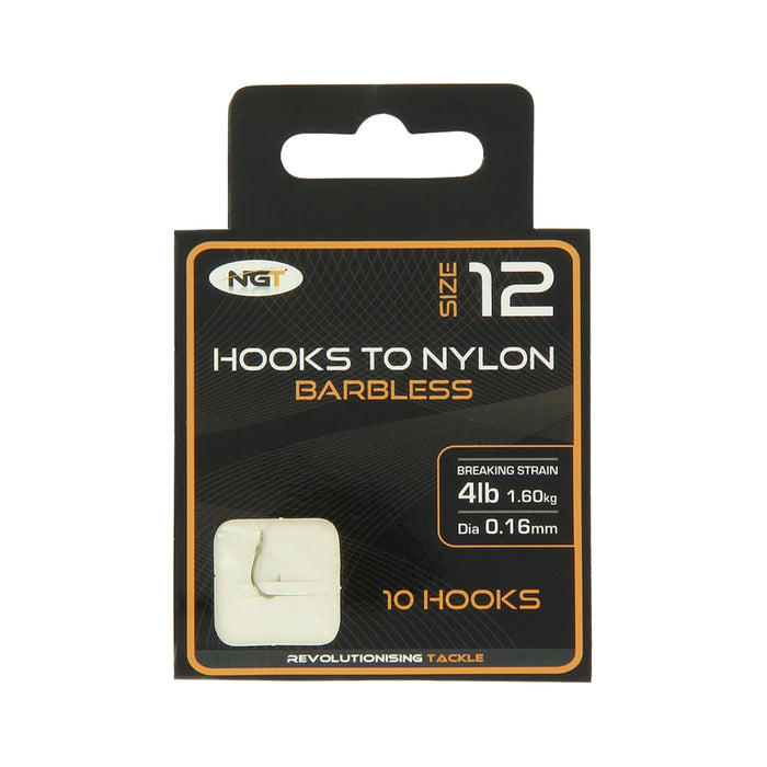 NGT Hooks To Nylon Barbless Size 12 (100 hooks)