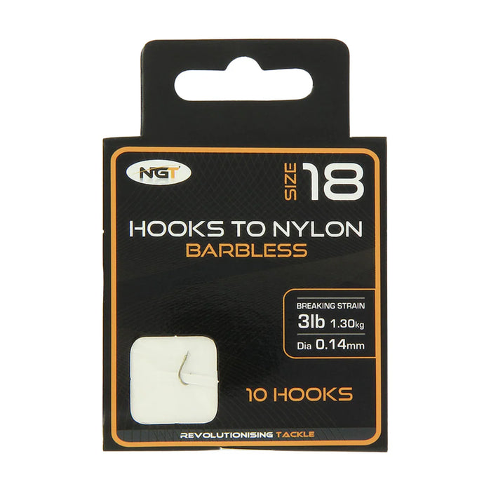 NGT Hooks To Nylon Barbless Size 18 (100 hooks)